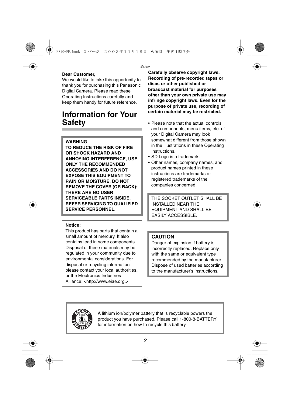 Safety, Information for your safety | Panasonic DMC-FZ10PP User Manual | Page 2 / 144