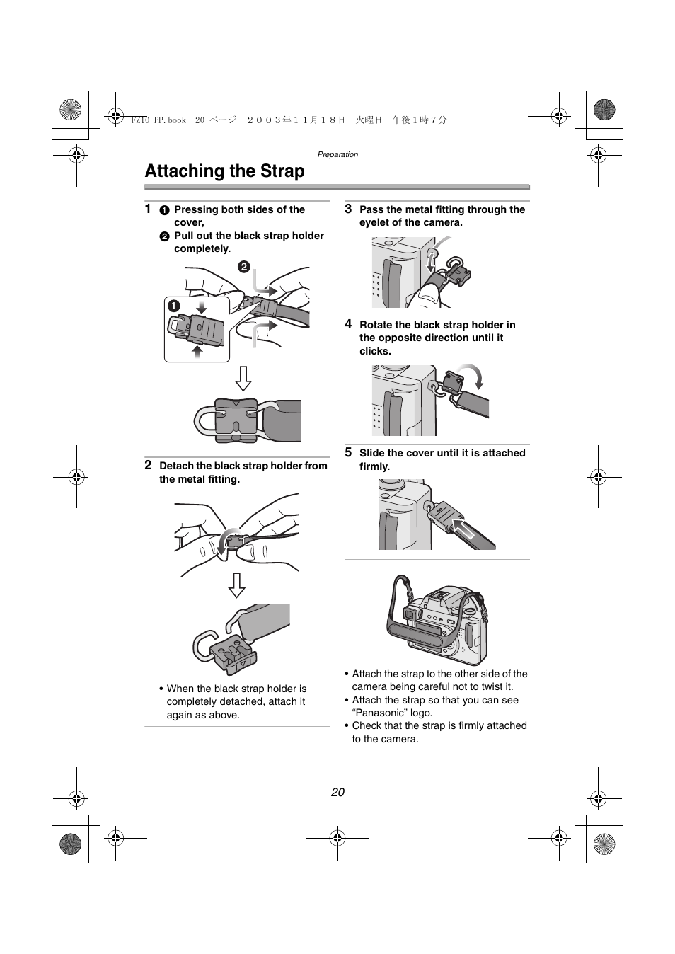 Attaching the strap | Panasonic DMC-FZ10PP User Manual | Page 20 / 144