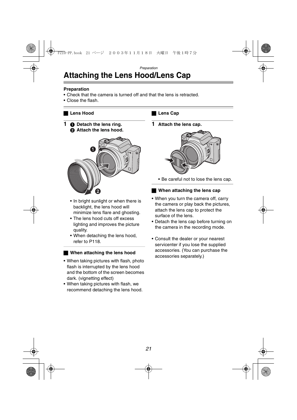 Attaching the lens hood/ lens cap, Attaching the lens hood/lens cap | Panasonic DMC-FZ10PP User Manual | Page 21 / 144