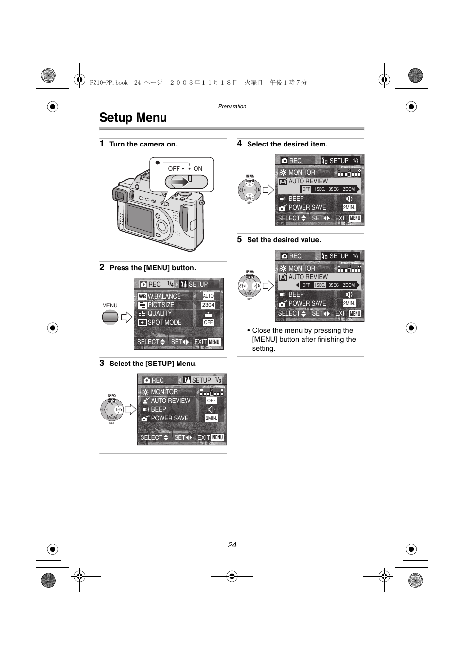 Setup menu | Panasonic DMC-FZ10PP User Manual | Page 24 / 144