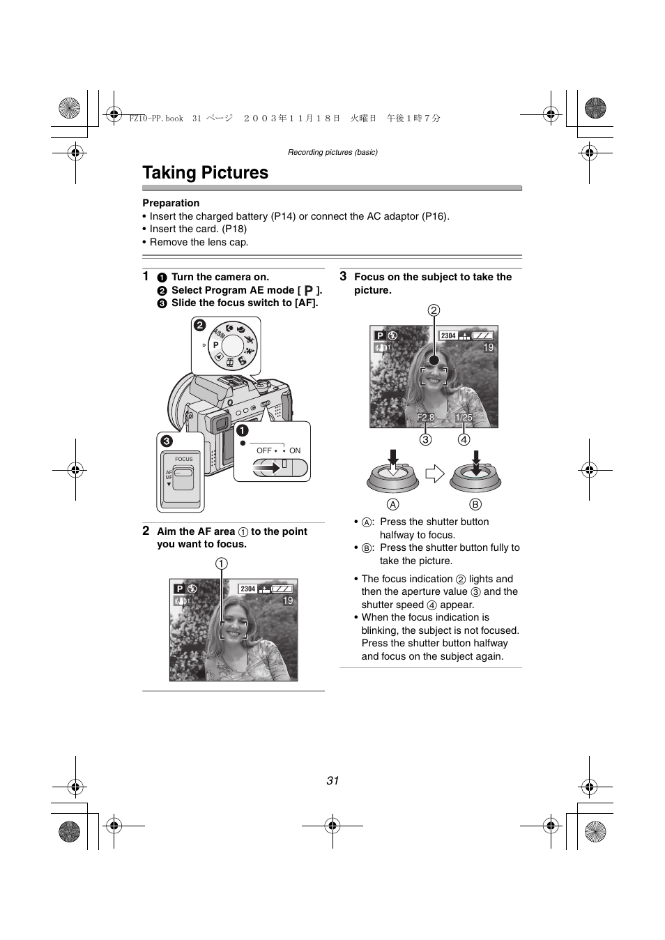 Recording pictures (basic), Taking pictures | Panasonic DMC-FZ10PP User Manual | Page 31 / 144