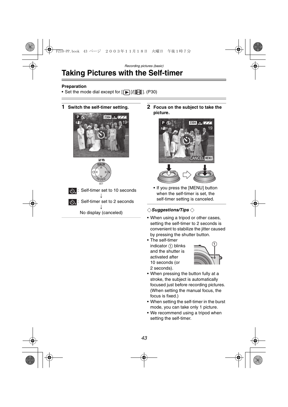 Taking pictures with the self-timer | Panasonic DMC-FZ10PP User Manual | Page 43 / 144
