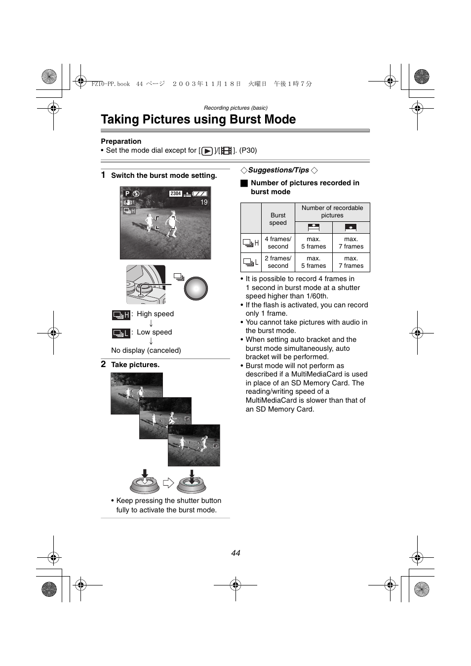 Taking pictures using burst mode | Panasonic DMC-FZ10PP User Manual | Page 44 / 144