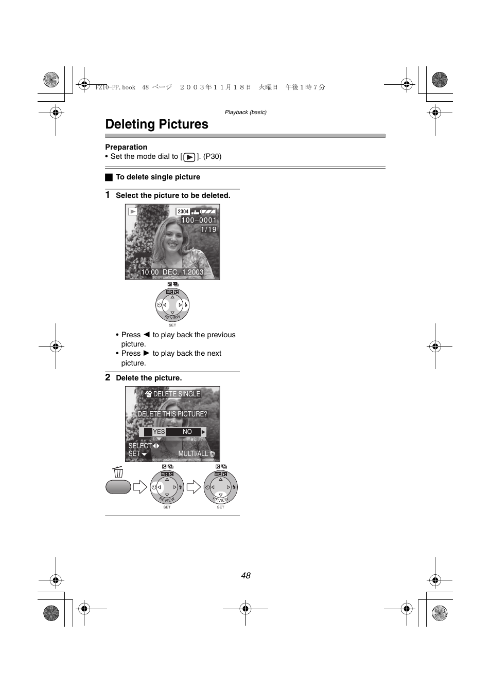 Deleting pictures | Panasonic DMC-FZ10PP User Manual | Page 48 / 144