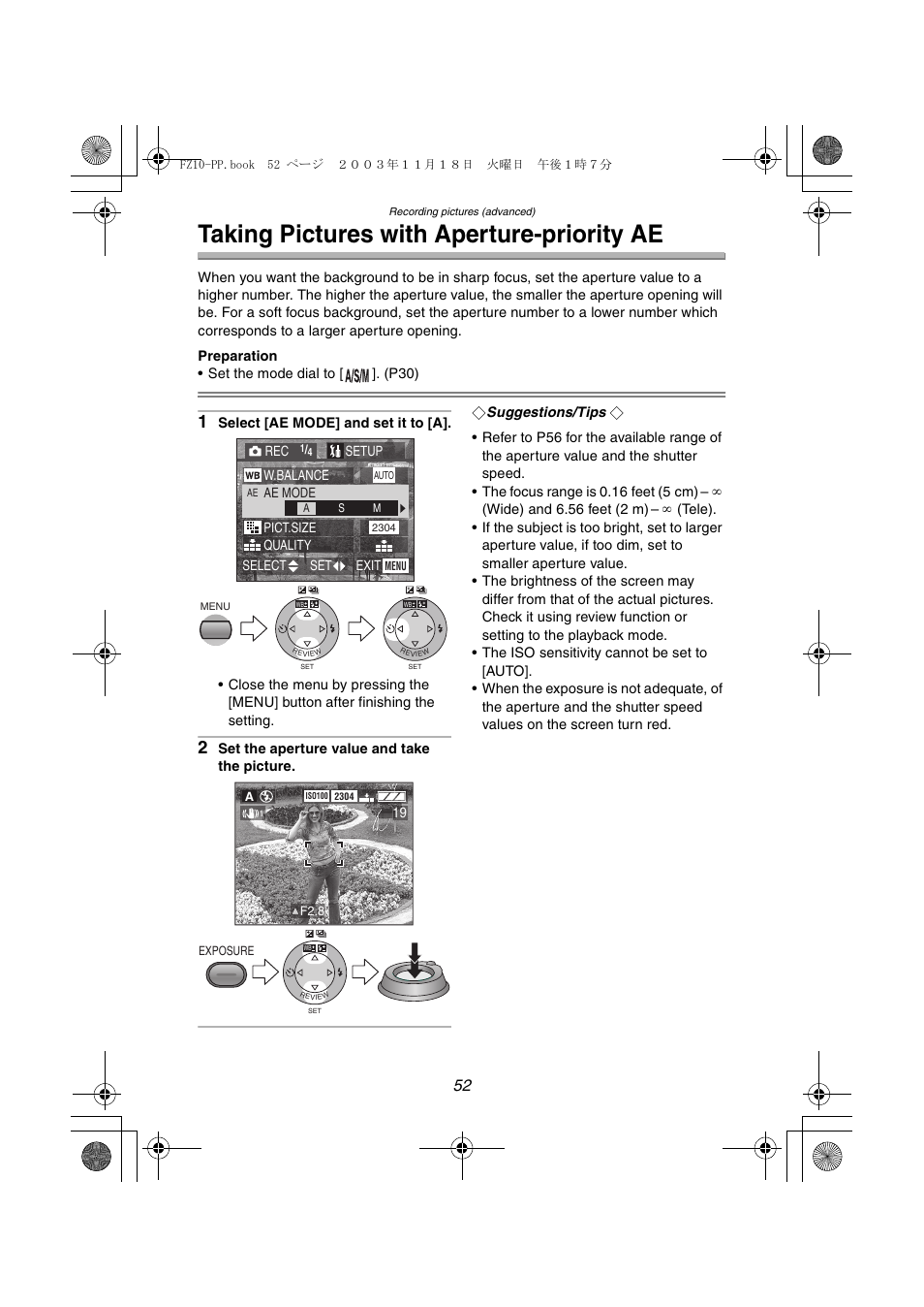 Taking pictures with aperture-priority ae | Panasonic DMC-FZ10PP User Manual | Page 52 / 144