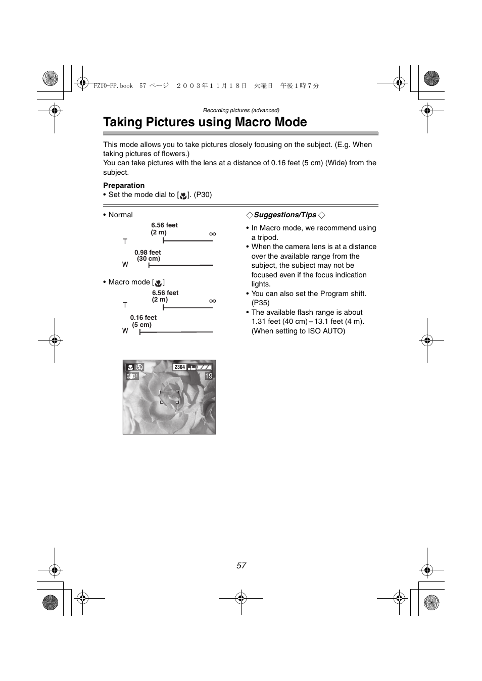 Taking pictures using macro mode | Panasonic DMC-FZ10PP User Manual | Page 57 / 144