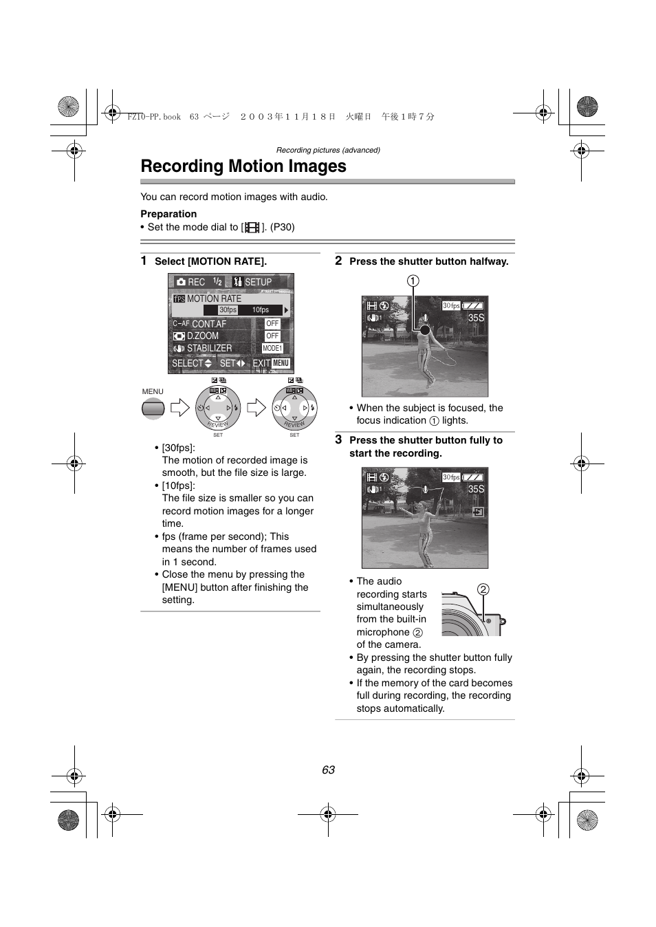 Recording motion images | Panasonic DMC-FZ10PP User Manual | Page 63 / 144
