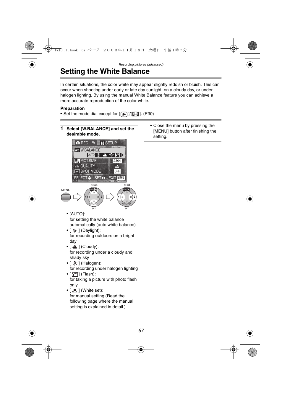Setting the white balance | Panasonic DMC-FZ10PP User Manual | Page 67 / 144