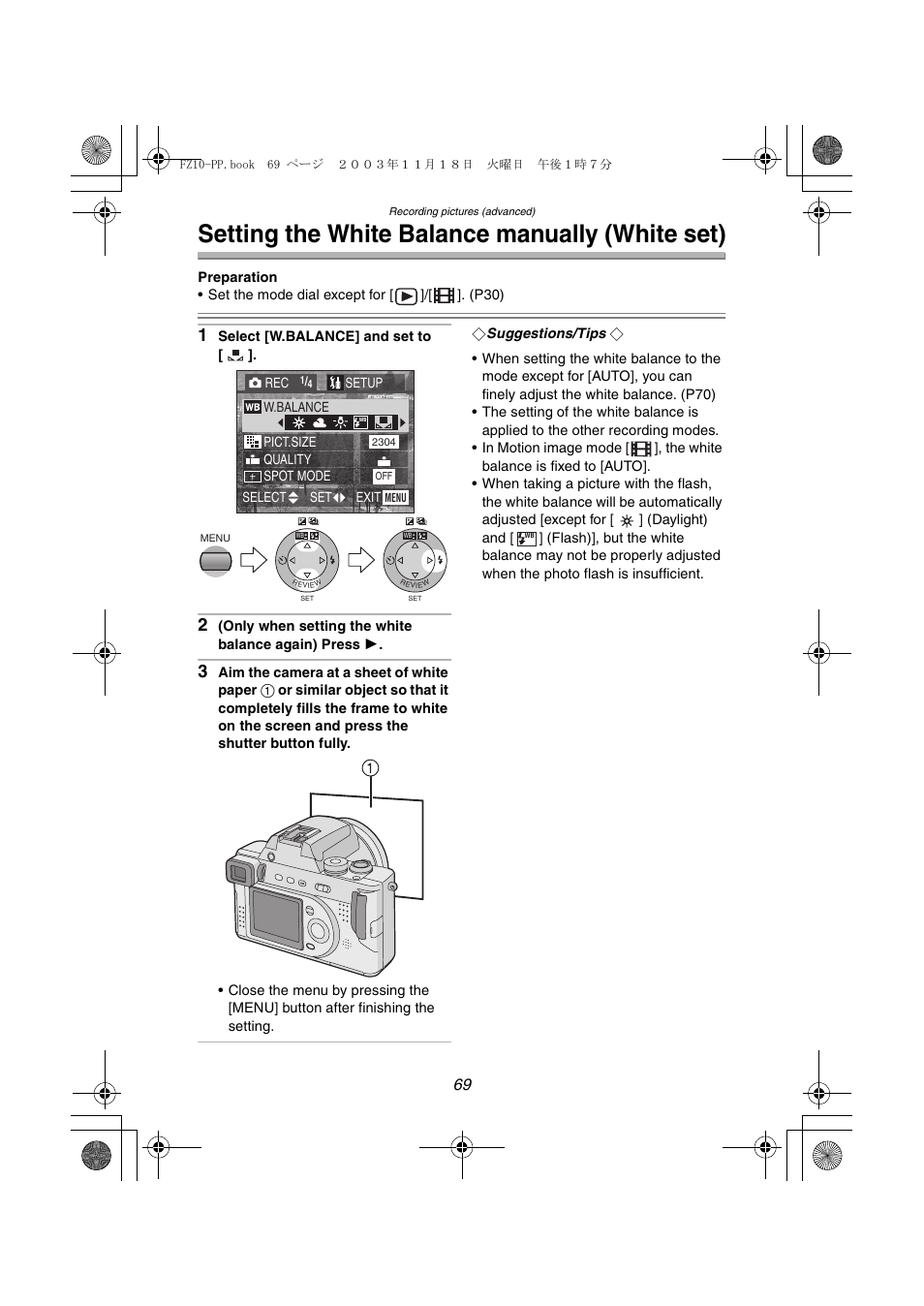 Setting the white balance manually (white set) | Panasonic DMC-FZ10PP User Manual | Page 69 / 144