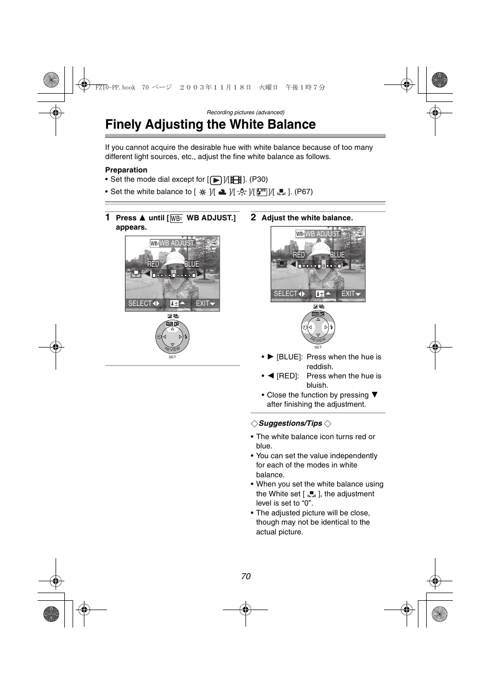 Finely adjusting the white balance | Panasonic DMC-FZ10PP User Manual | Page 70 / 144