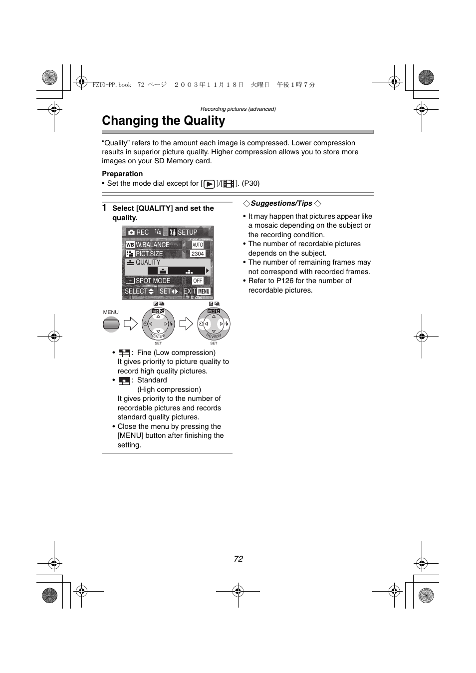 Changing the quality | Panasonic DMC-FZ10PP User Manual | Page 72 / 144