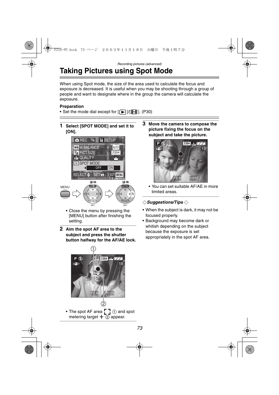 Taking pictures using spot mode | Panasonic DMC-FZ10PP User Manual | Page 73 / 144