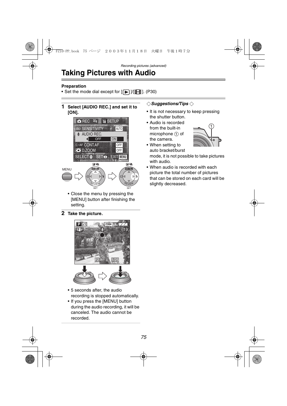 Taking pictures with audio | Panasonic DMC-FZ10PP User Manual | Page 75 / 144