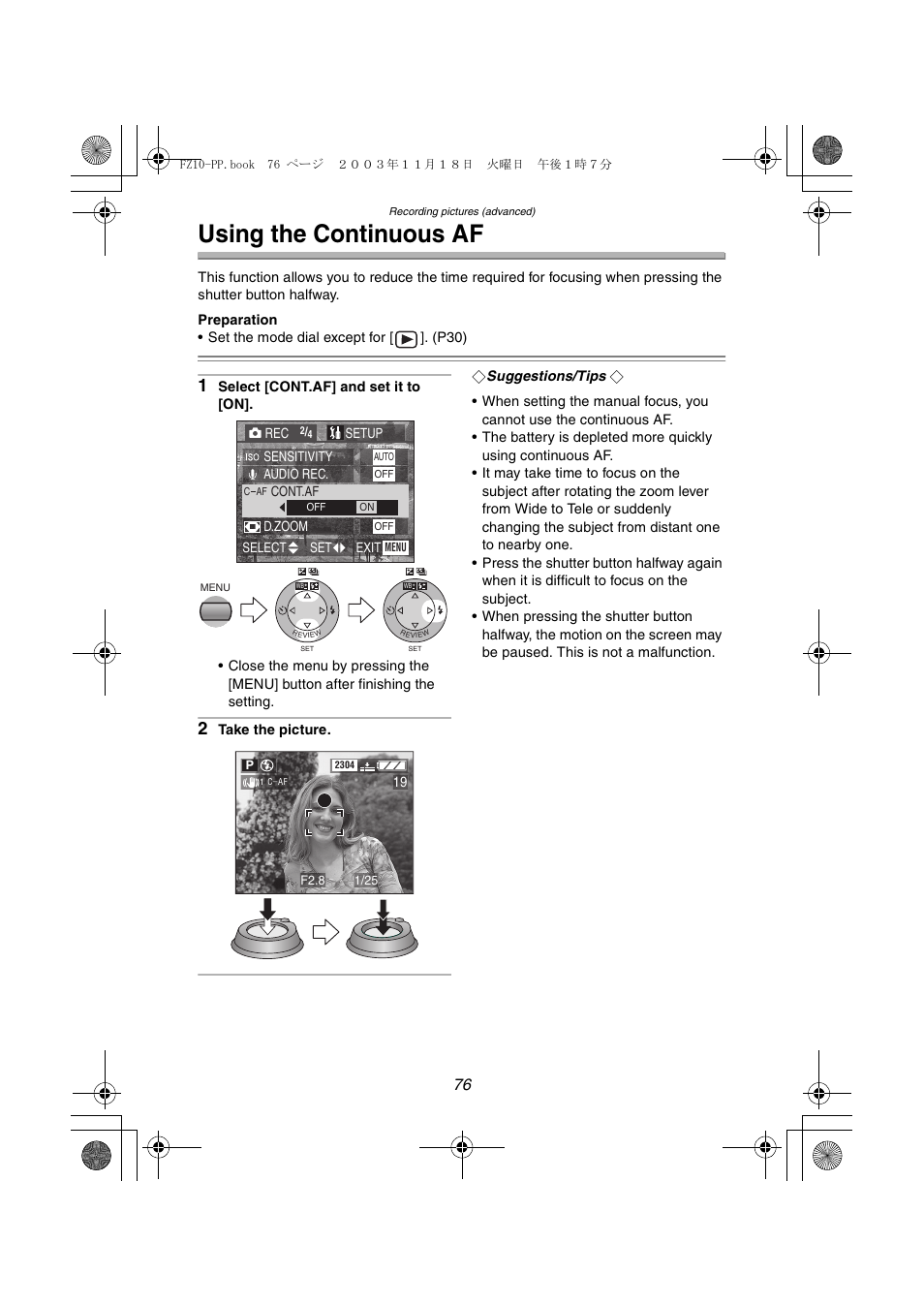 Using the continuous af | Panasonic DMC-FZ10PP User Manual | Page 76 / 144