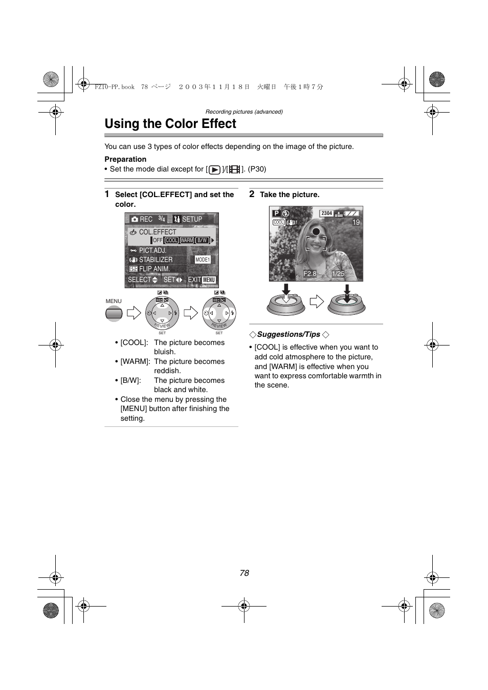 Using the color effect | Panasonic DMC-FZ10PP User Manual | Page 78 / 144