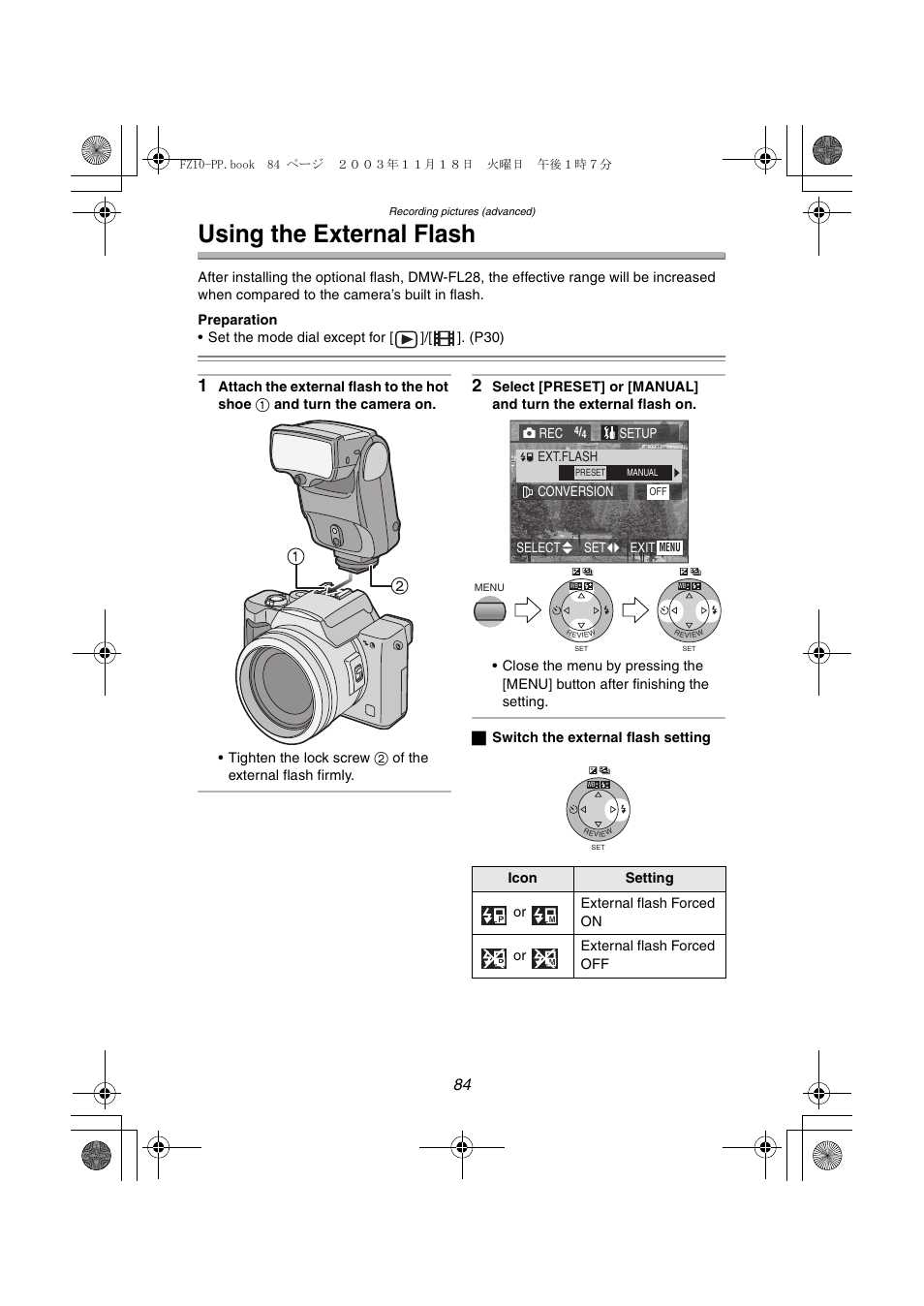 Using the external flash | Panasonic DMC-FZ10PP User Manual | Page 84 / 144