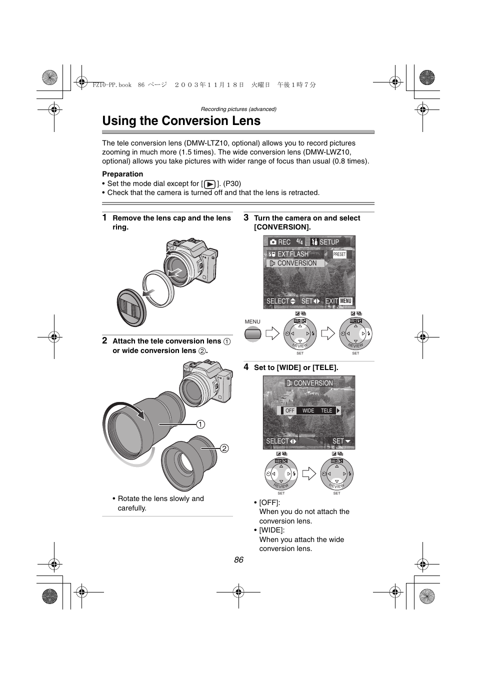 Using the conversion lens | Panasonic DMC-FZ10PP User Manual | Page 86 / 144