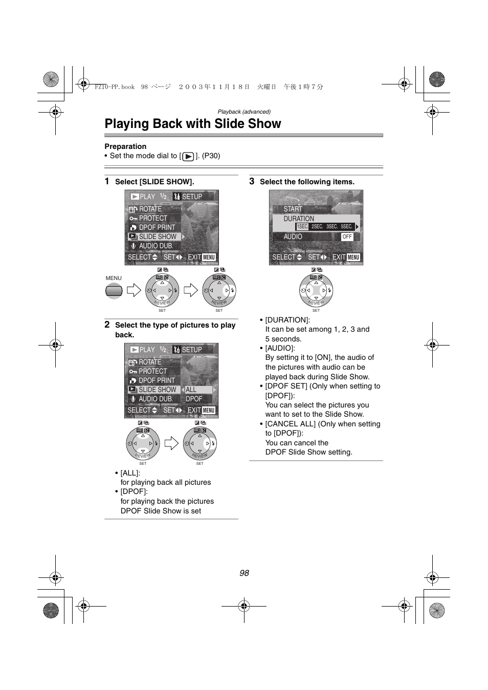 Playing back with slide show | Panasonic DMC-FZ10PP User Manual | Page 98 / 144