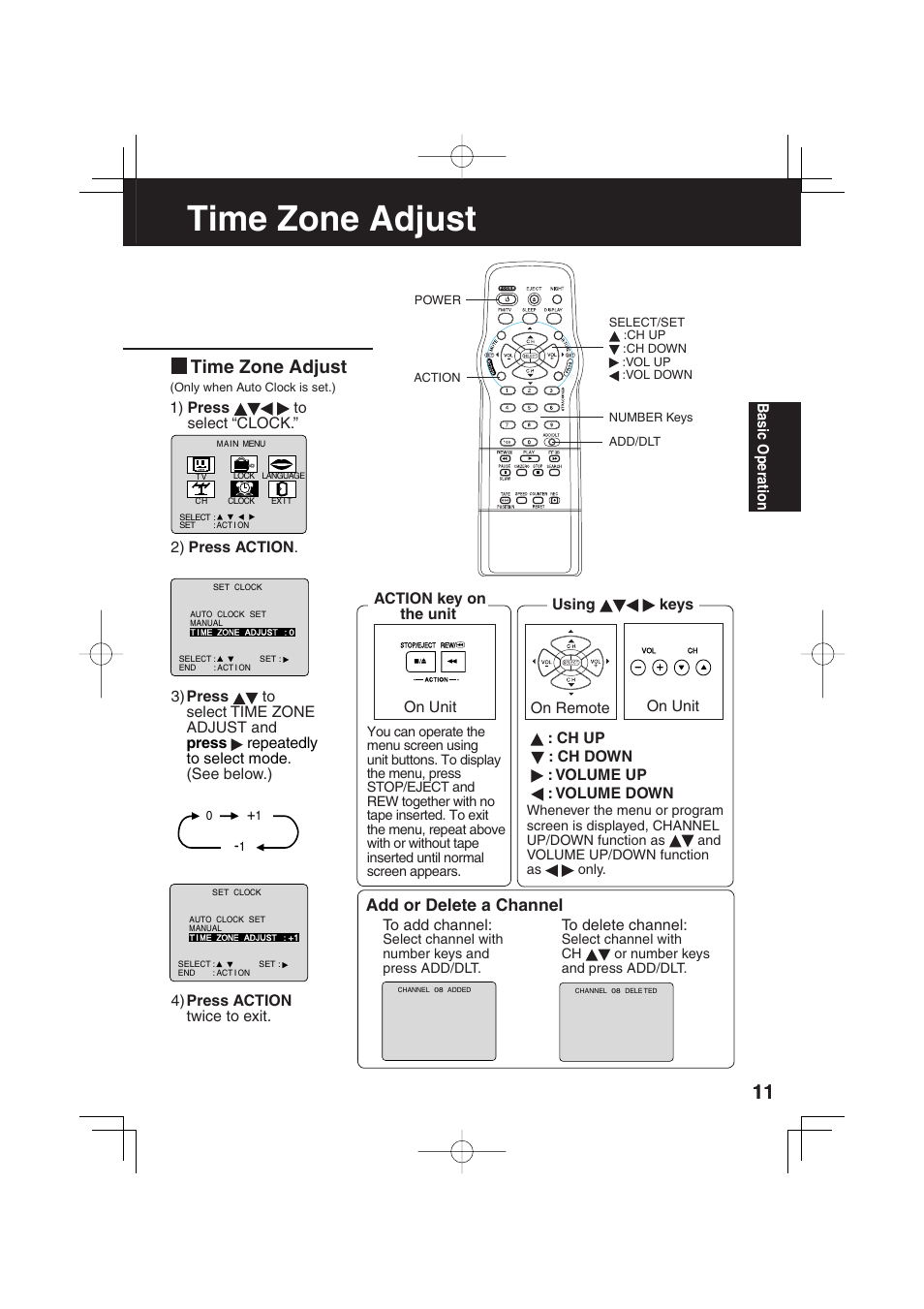 Time zone adjust, Add or delete a channel | Panasonic PV C2033W User Manual | Page 11 / 40
