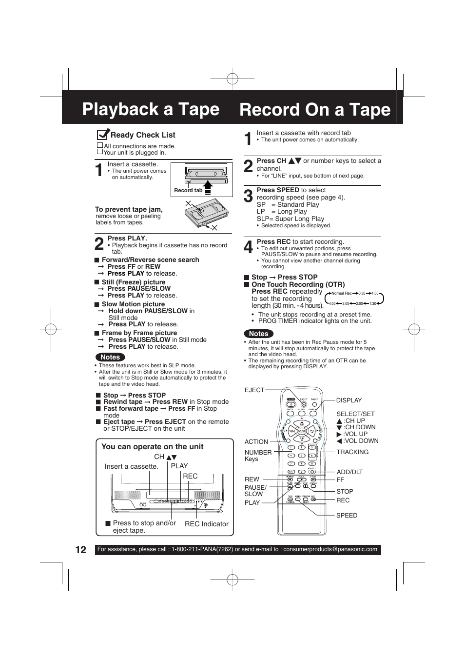 Playback a tape, Record on a tape, Record on a tape playback a tape 1 | Panasonic PV C2033W User Manual | Page 12 / 40