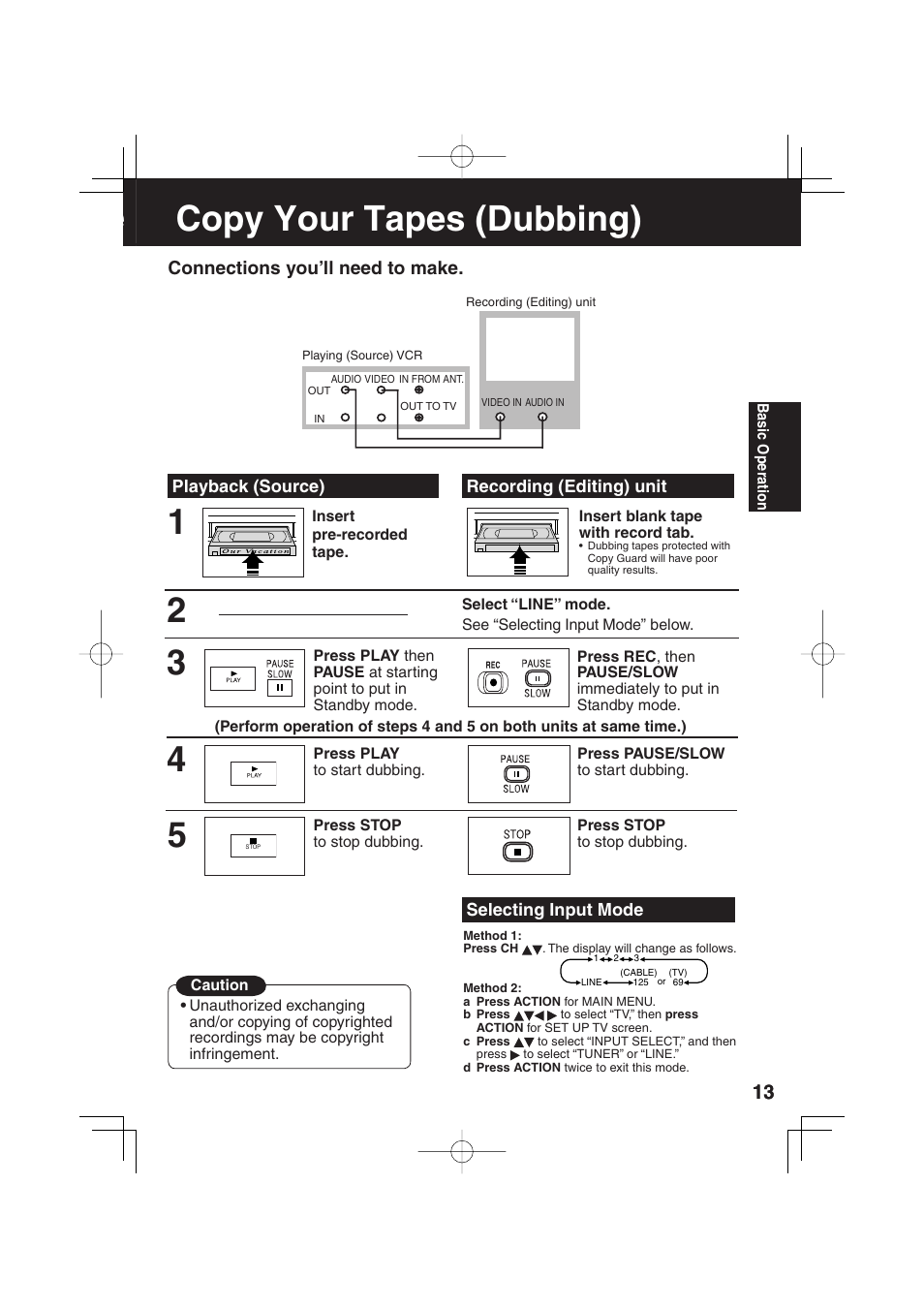 Copy your tapes (dubbing) | Panasonic PV C2033W User Manual | Page 13 / 40