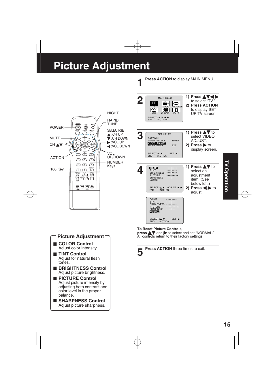 Picture adjustment, Picture adjustment 1 | Panasonic PV C2033W User Manual | Page 15 / 40