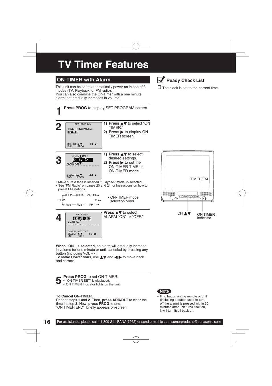 Tv timer features, On-timer with alarm | Panasonic PV C2033W User Manual | Page 16 / 40