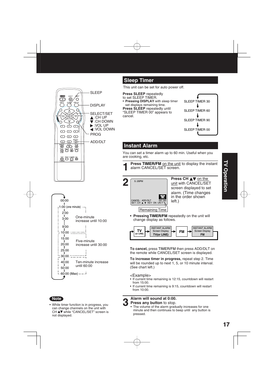 Sleep timer, Instant alarm, Tv operation | Panasonic PV C2033W User Manual | Page 17 / 40