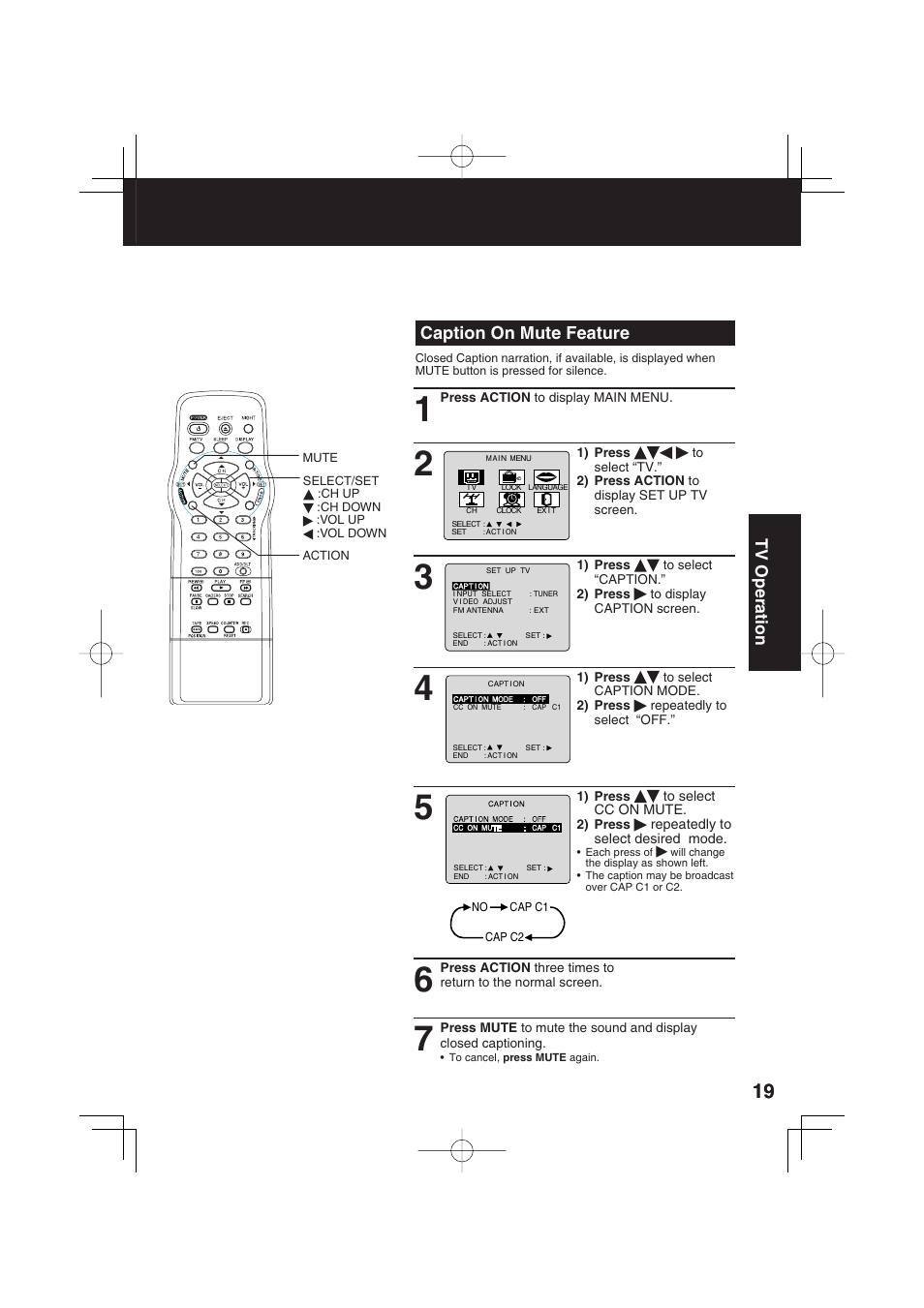 Caption on mute feature | Panasonic PV C2033W User Manual | Page 19 / 40