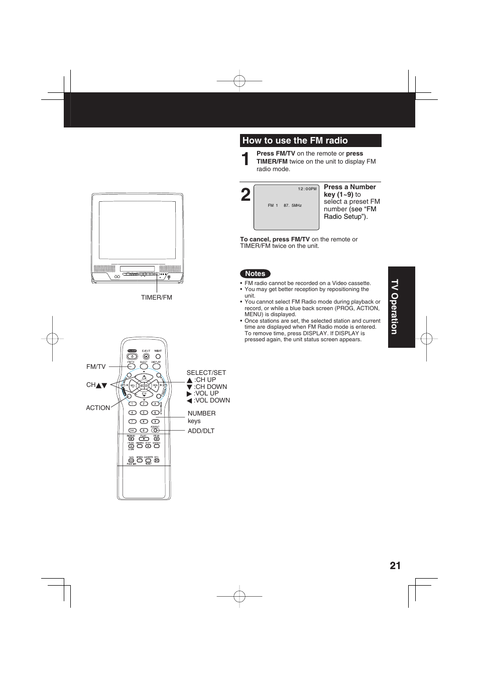 How to use the fm radio | Panasonic PV C2033W User Manual | Page 21 / 40