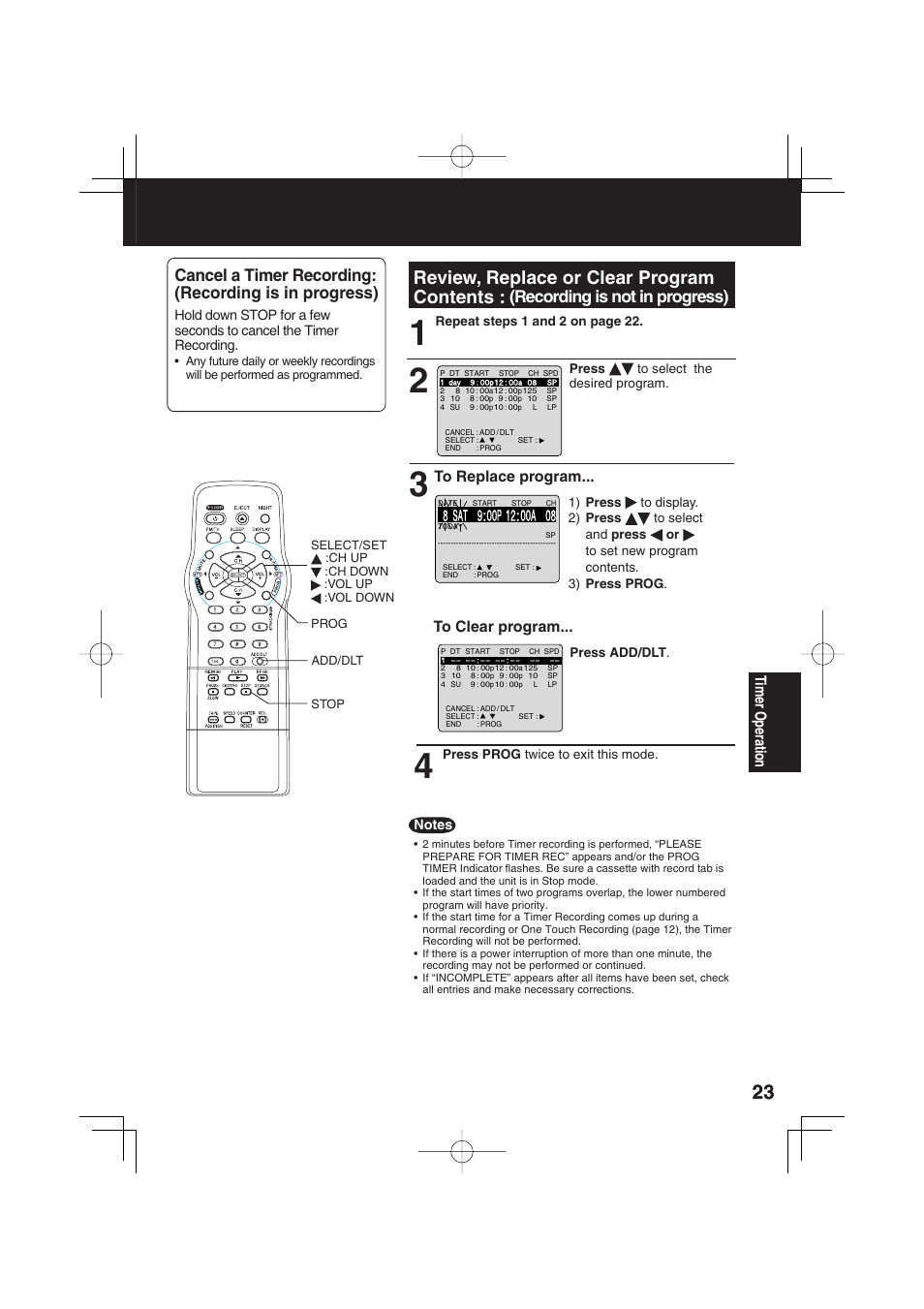 Review, replace or clear program contents, Recording is not in progress) | Panasonic PV C2033W User Manual | Page 23 / 40