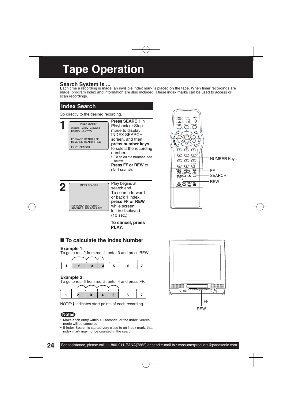 Advanced operation, Tape operation, Index search | Search system is | Panasonic PV C2033W User Manual | Page 24 / 40