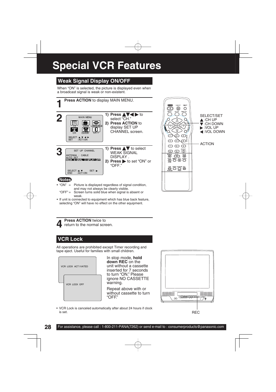 Special vcr features, Weak signal display on/off, Vcr lock | Panasonic PV C2033W User Manual | Page 28 / 40