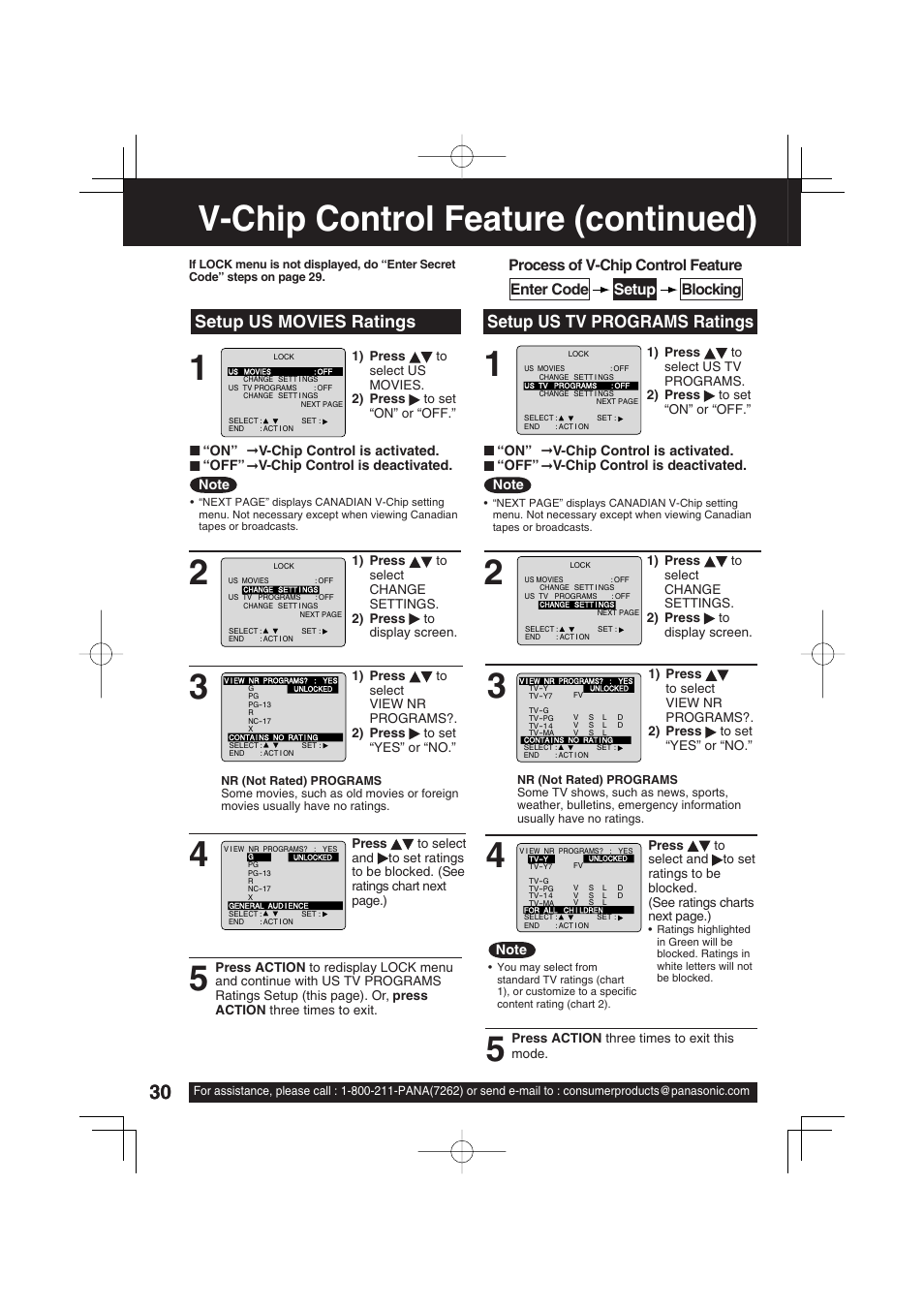 V-chip control feature (continued), Setup us movies ratings, Setup us tv programs ratings | Panasonic PV C2033W User Manual | Page 30 / 40