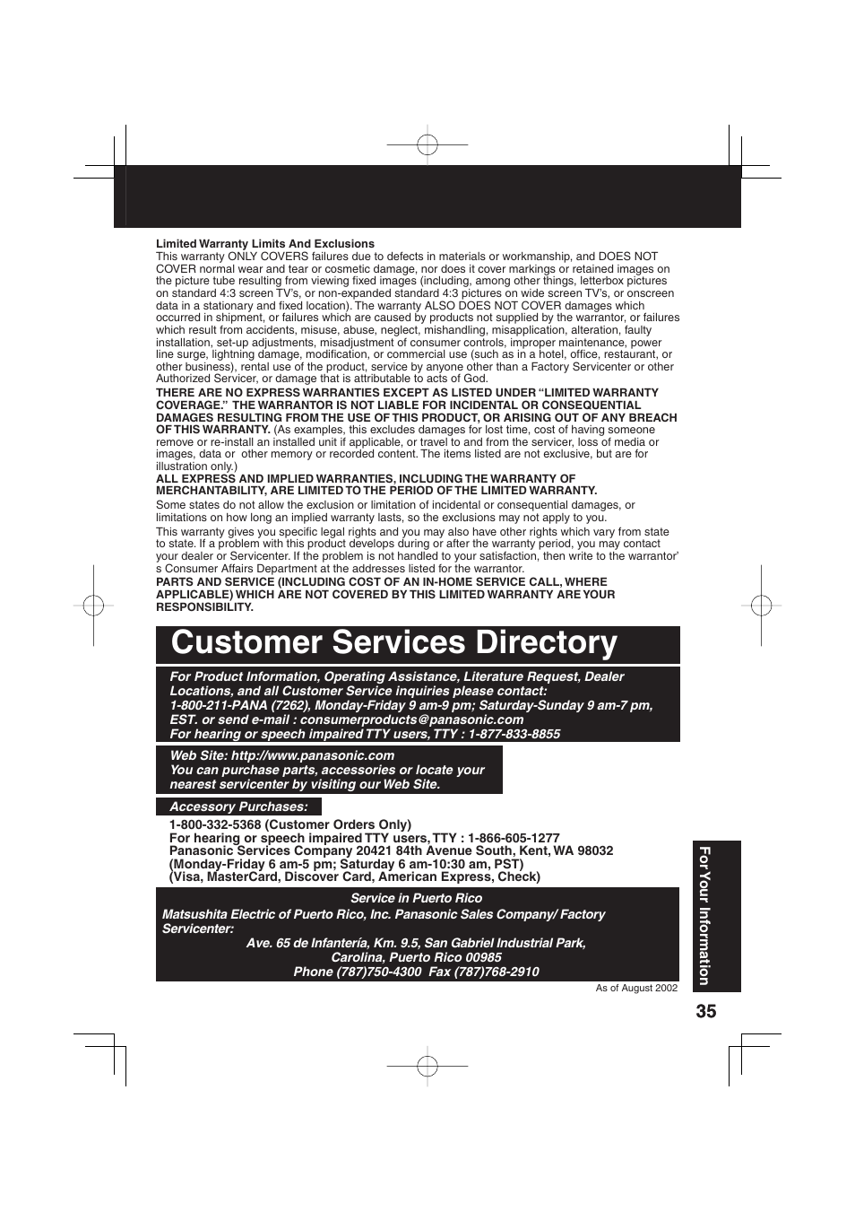 Customer services directory | Panasonic PV C2033W User Manual | Page 35 / 40