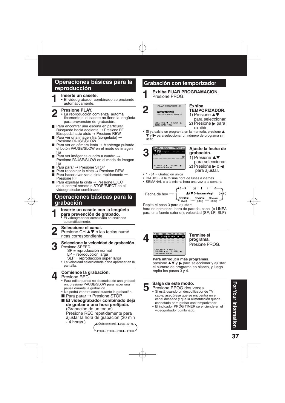 Operaciones básicas para la reproducción, Operaciones básicas para la grabación, Grabación con temporizador | Panasonic PV C2033W User Manual | Page 37 / 40
