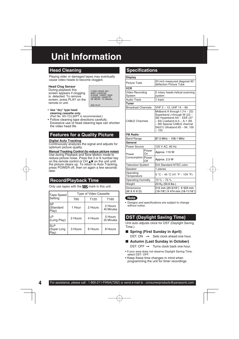 Unit information, Specifi cations, Head cleaning record/playback time | Dst (daylight saving time), Features for a quality picture | Panasonic PV C2033W User Manual | Page 4 / 40