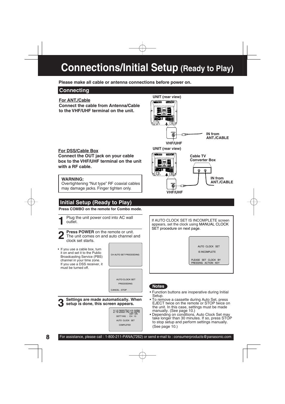 Connections/initial setup (ready to play), Connections/initial setup, Ready to play) | Initial setup (ready to play), Connecting | Panasonic PV C2033W User Manual | Page 8 / 40