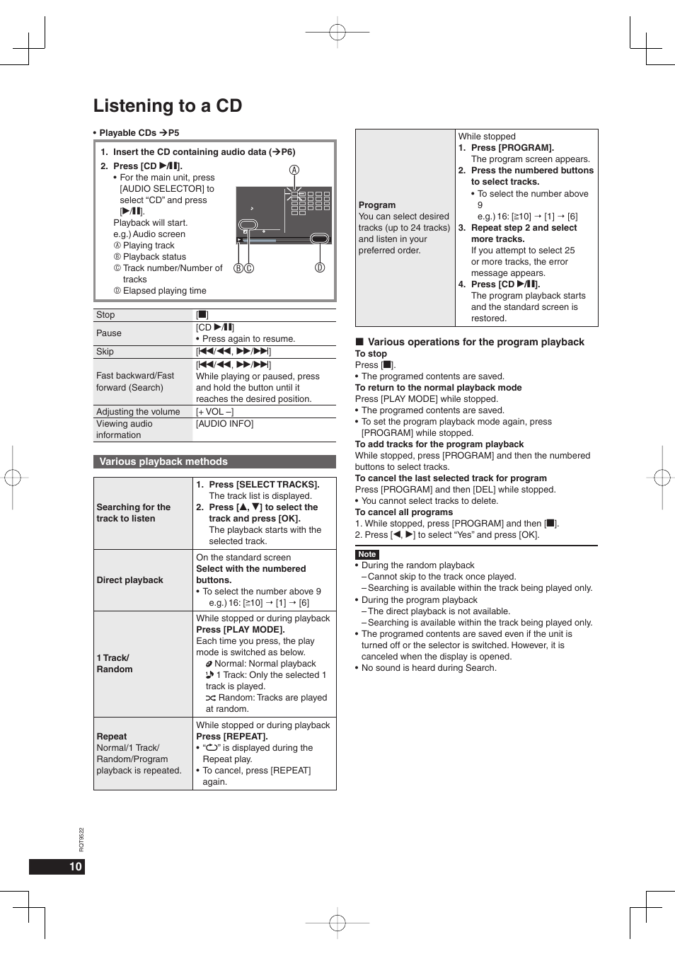 Listening to a cd, Abc d, Various playback methods | Various operations for the program playback | Panasonic MW-10 User Manual | Page 10 / 24