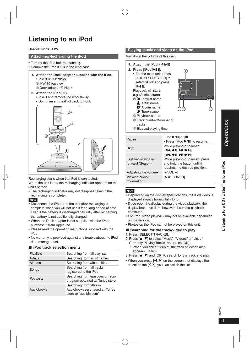 Listening to an ipod, Operations, Ab d c | Abc d | Panasonic MW-10 User Manual | Page 11 / 24