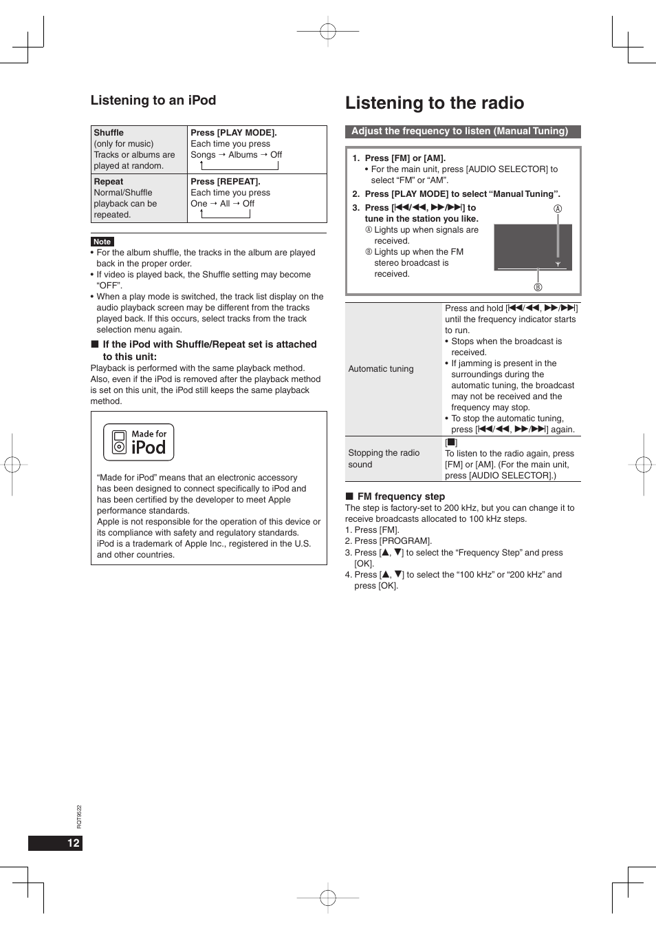 Listening to the radio, Listening to an ipod | Panasonic MW-10 User Manual | Page 12 / 24