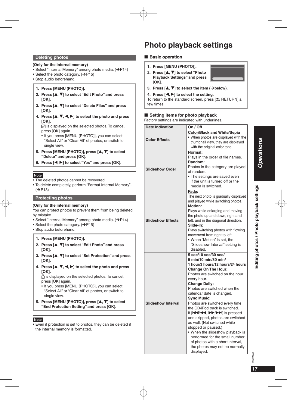 Photo playback settings, Operations | Panasonic MW-10 User Manual | Page 17 / 24