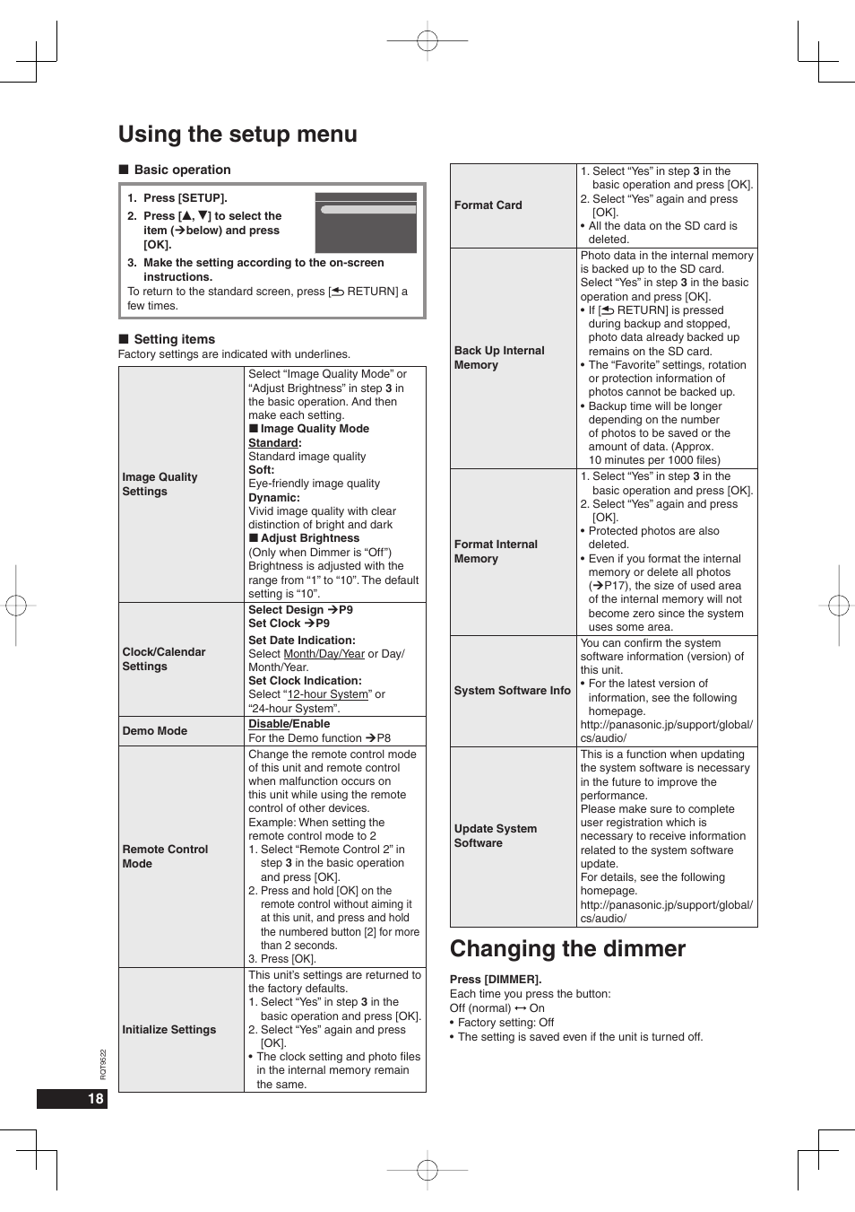 Using the setup menu, Changing the dimmer | Panasonic MW-10 User Manual | Page 18 / 24