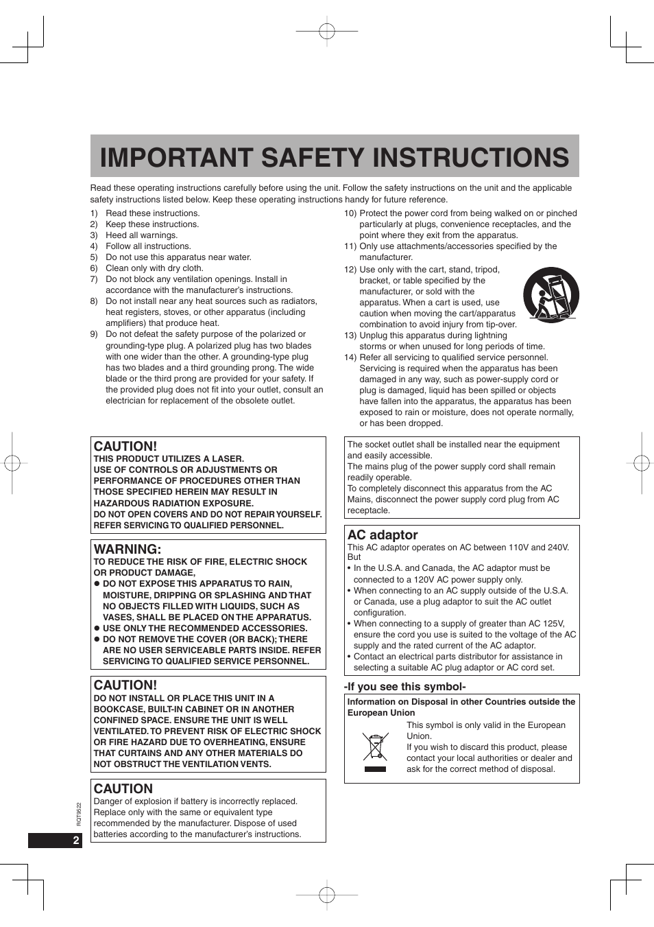 Important safety instructions, Caution, Warning | Ac adaptor | Panasonic MW-10 User Manual | Page 2 / 24