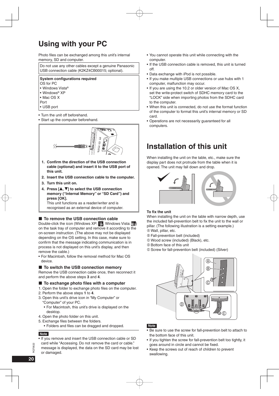 Using with your pc, Installation of this unit, Using with your pc installation of this unit | Ac b e d | Panasonic MW-10 User Manual | Page 20 / 24