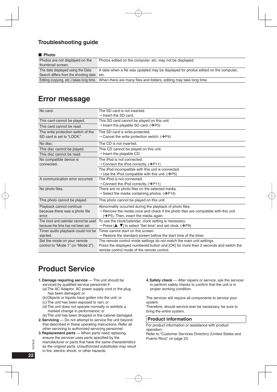 Error message, Product service, Troubleshooting guide | Panasonic MW-10 User Manual | Page 22 / 24