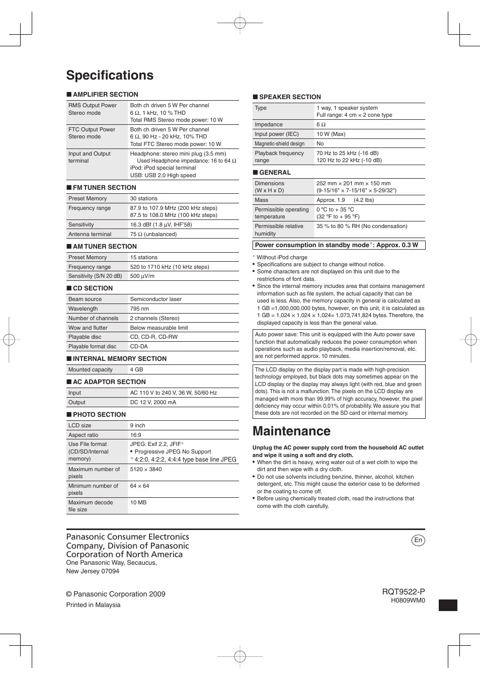 Specifications, Maintenance, Specifi cations | Rqt9522-p | Panasonic MW-10 User Manual | Page 24 / 24