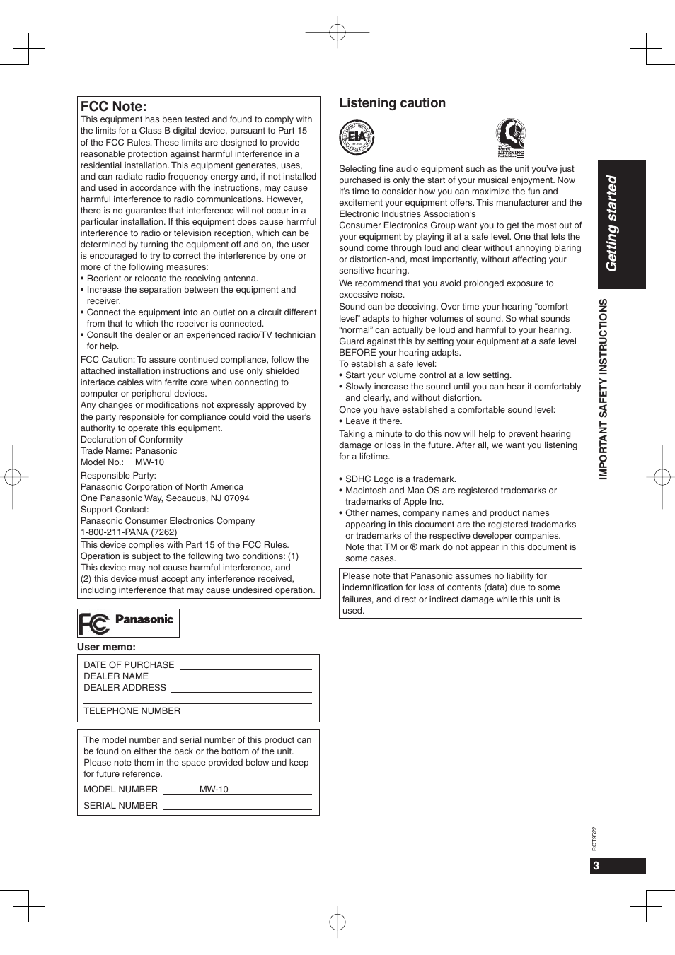 Listening caution | Panasonic MW-10 User Manual | Page 3 / 24