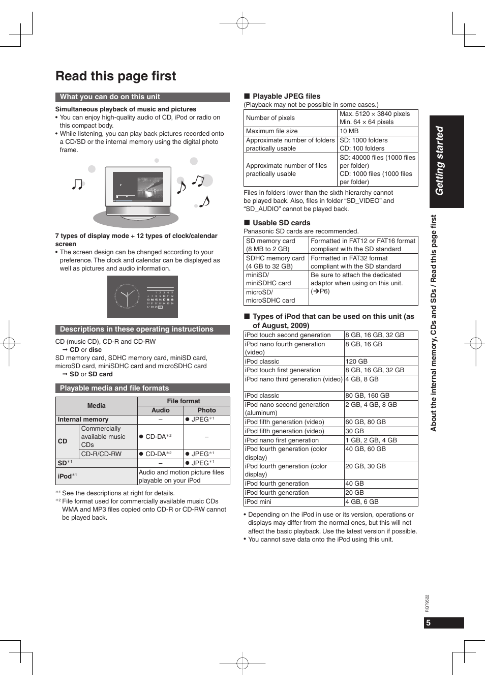 Read this page fi rst, Getting star ted | Panasonic MW-10 User Manual | Page 5 / 24