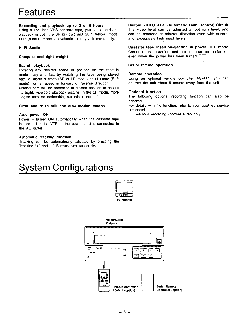 Features, System configurations | Panasonic AG-5210 User Manual | Page 3 / 16